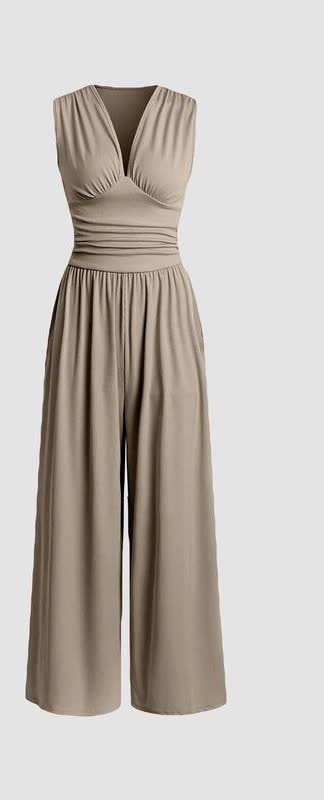 Damen-Jumpsuit gerippt – tiefer V-Ausschnitt, geraffte Taille, weite Beine